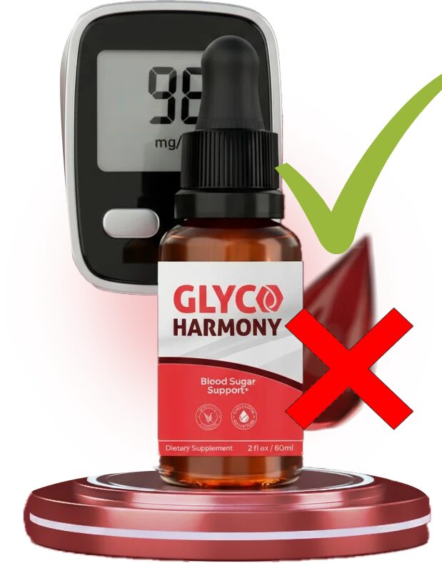 Comparison graphic showing a green checkmark on official GlycoHarmony liquid droppers versus a red X on fake online store offers.