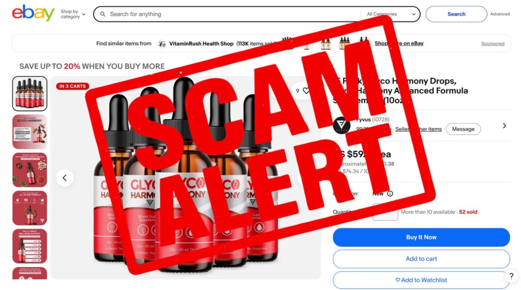 Urgent red stamp text reading Scam Alert overlaid on blurred retail websites to warn consumers of online copycats.