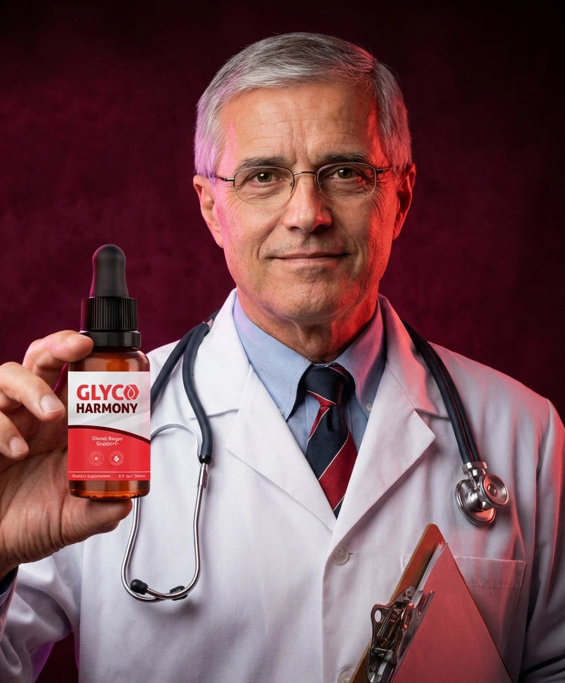 A professional male doctor in a white coat and stethoscope holding a bottle of GlycoHarmony, providing clinical authority.