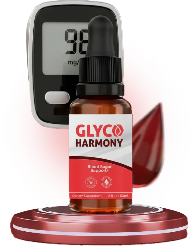 GlycoHarmony blood sugar support dropper bottle shown next to a digital glucose monitor displaying stable levels.