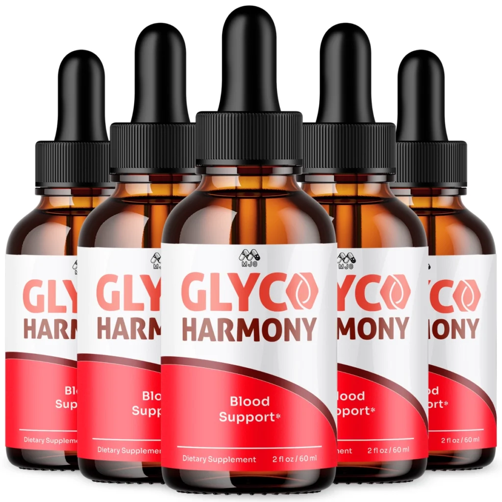 Six bottles bundle package of GlycoHarmony dietary supplement in a row for long term metabolic health savings.