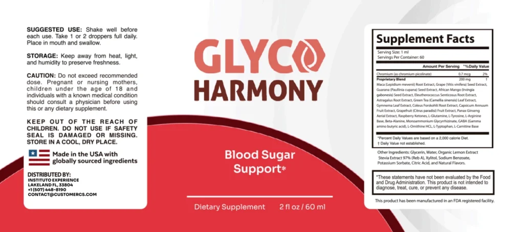 Close-up of GlycoHarmony official product packaging focused on the blood sugar support text and clean branding.