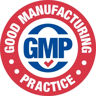 Good Manufacturing Practice red and gold circular certificate badge representing strict production hygiene.